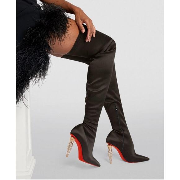 Christian Louboutin Black Lipstrass Botta Alta Satin Thigh Boots 100 - Picture 2 of 16